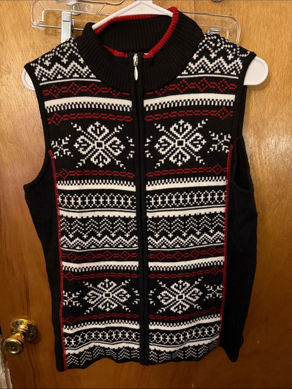 Christopher & Banks Black, White & Red Fair Isle Zip Sweater Vest